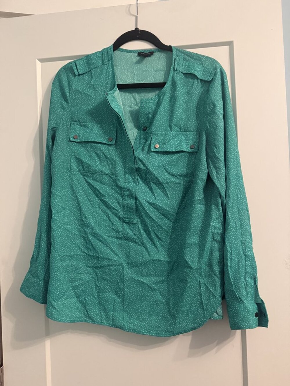 Ann Taylor Teal Print Henley Popover Blouse Chest Pockets Long Sleeve Size 8